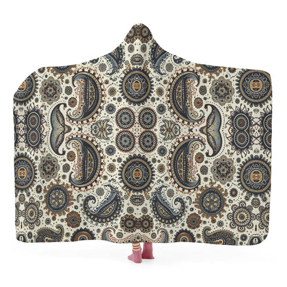 Paisley Circles White Hooded Blanket - Micro Fleece Lining Cosy Sherpa Blanket