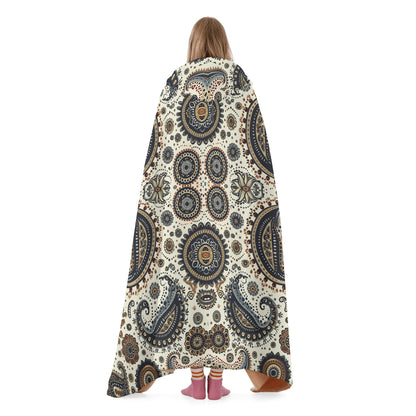 Paisley Circles White Hooded Blanket - Micro Fleece Lining Cosy Sherpa Blanket