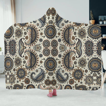 Paisley Circles White Hooded Blanket - Micro Fleece Lining Cosy Sherpa Blanket