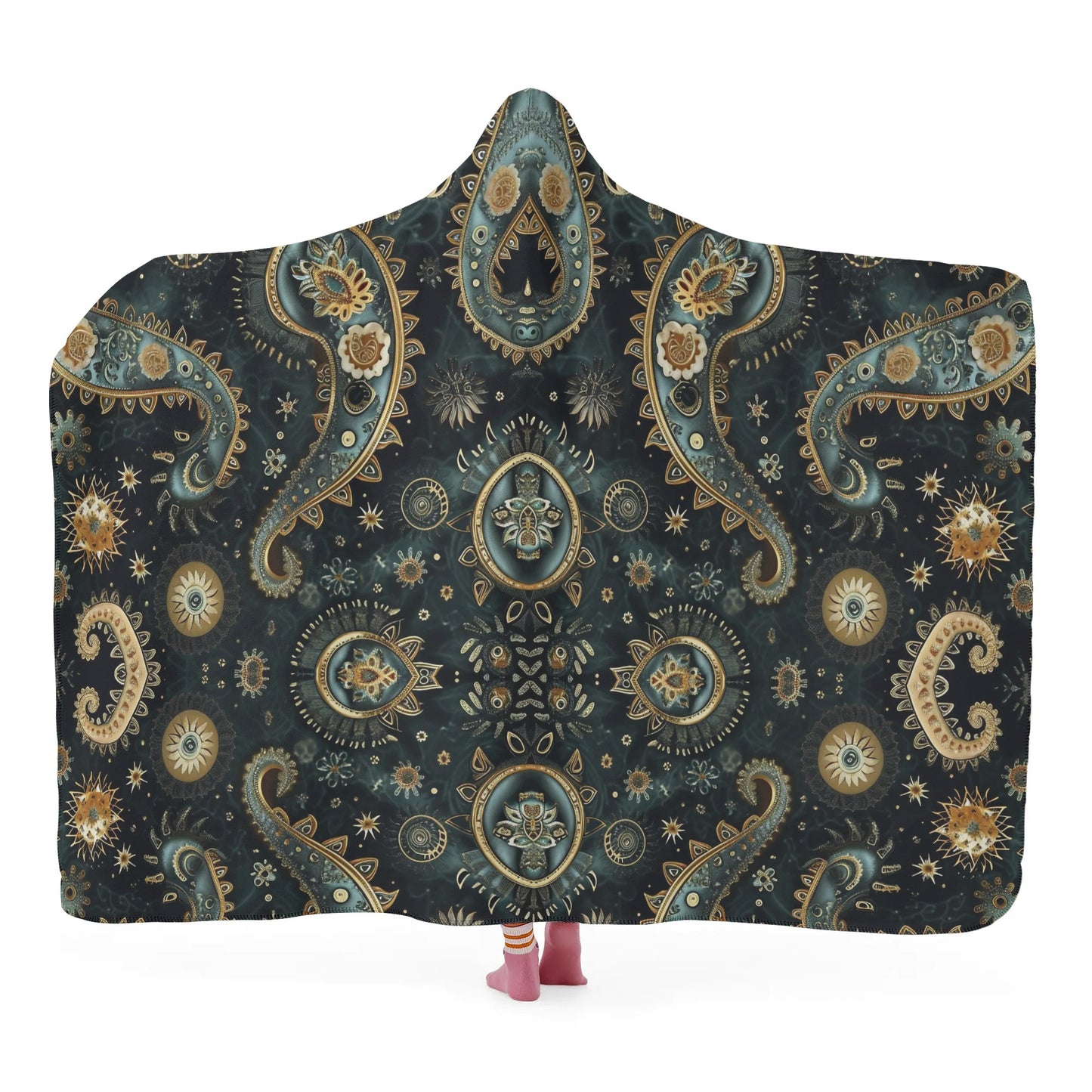 Paisley Print Black Hooded Blanket - Micro Fleece Lining Cosy Sherpa Blanket