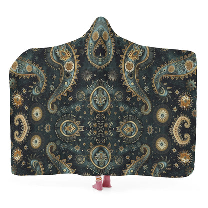 Paisley Print Black Hooded Blanket - Micro Fleece Lining Cosy Sherpa Blanket