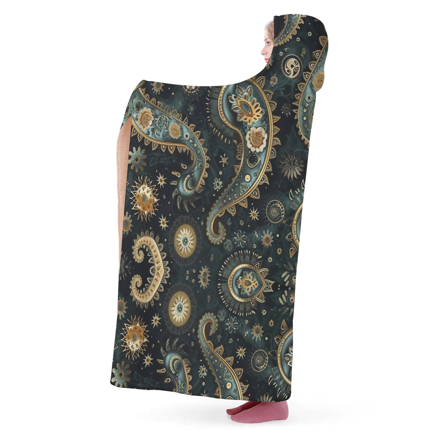 Paisley Print Black Hooded Blanket - Micro Fleece Lining Cosy Sherpa Blanket