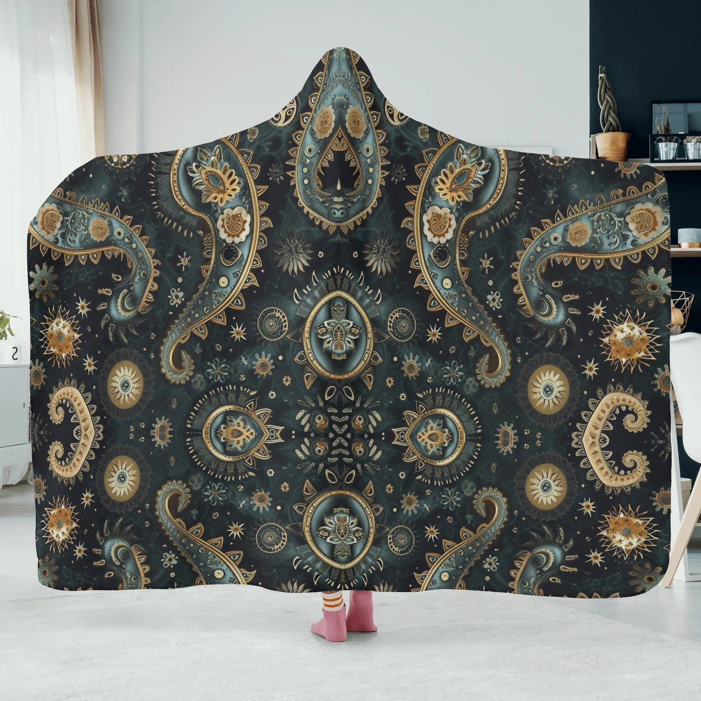 Paisley Print Black Hooded Blanket - Micro Fleece Lining Cosy Sherpa Blanket