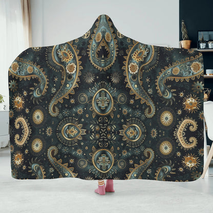 Paisley Print Black Hooded Blanket - Micro Fleece Lining Cosy Sherpa Blanket