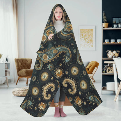 Paisley Print Black Hooded Blanket - Micro Fleece Lining Cosy Sherpa Blanket