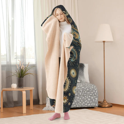 Paisley Print Black Hooded Blanket - Micro Fleece Lining Cosy Sherpa Blanket