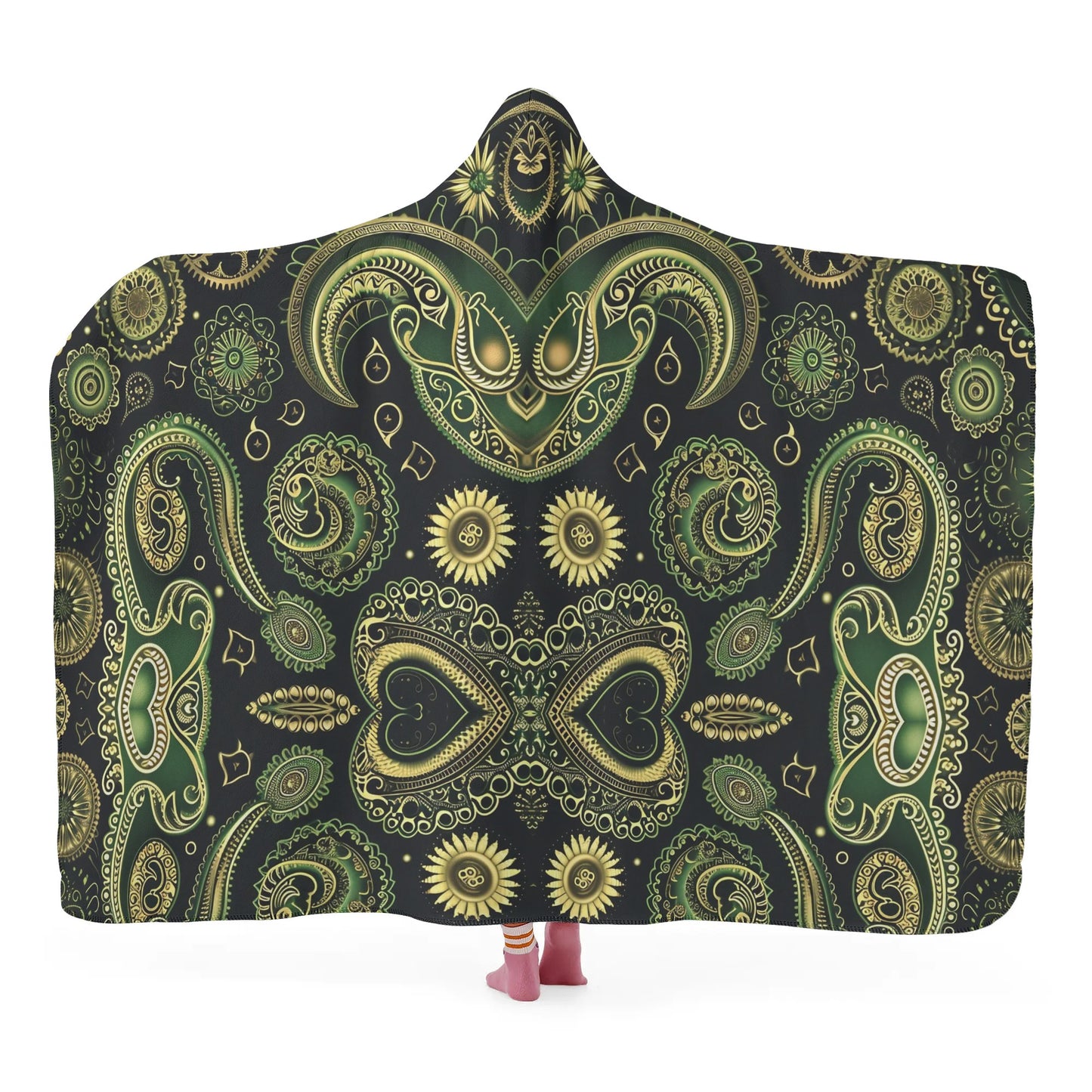 Paisley Vintage Green Hooded Blanket - Micro Fleece Lining Cosy Sherpa Blanket