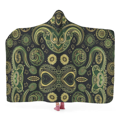 Paisley Vintage Green Hooded Blanket - Micro Fleece Lining Cosy Sherpa Blanket