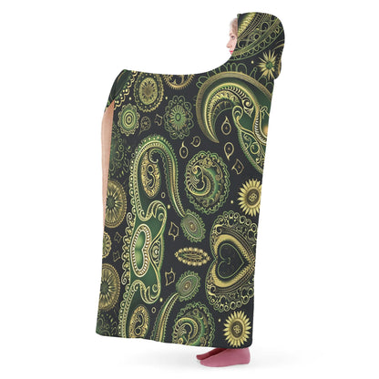 Paisley Vintage Green Hooded Blanket - Micro Fleece Lining Cosy Sherpa Blanket