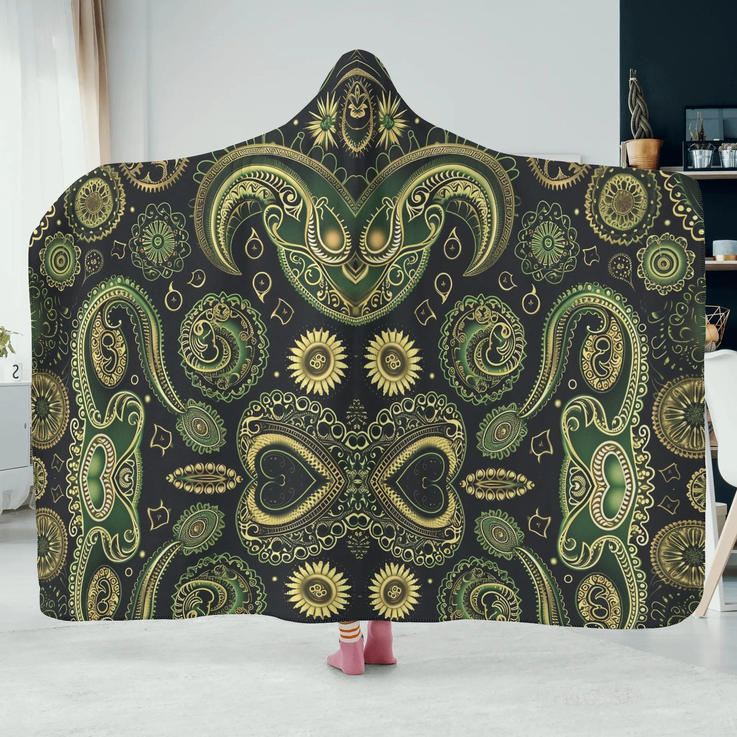 Paisley Vintage Green Hooded Blanket - Micro Fleece Lining Cosy Sherpa Blanket
