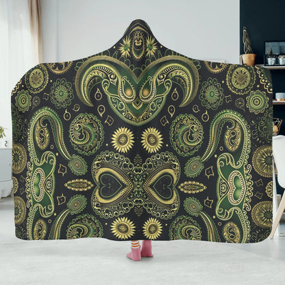 Paisley Vintage Green Hooded Blanket - Micro Fleece Lining Cosy Sherpa Blanket