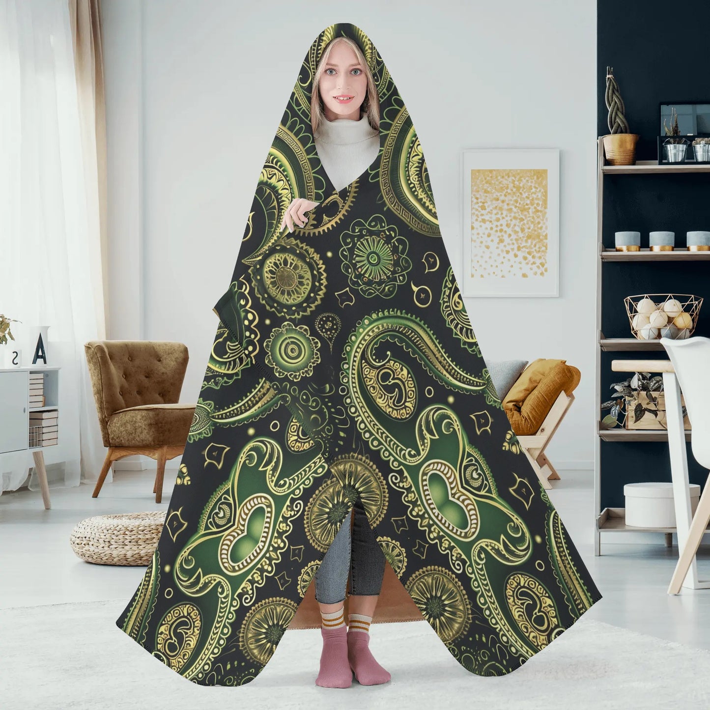 Paisley Vintage Green Hooded Blanket - Micro Fleece Lining Cosy Sherpa Blanket