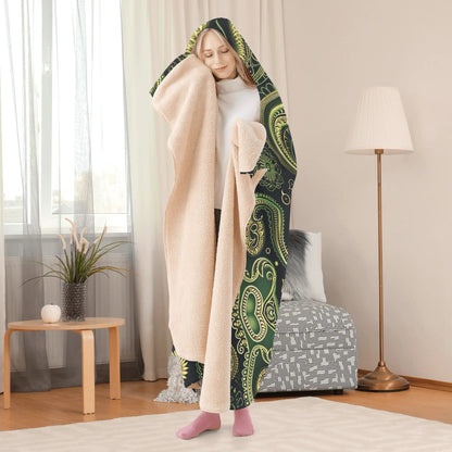 Paisley Vintage Green Hooded Blanket - Micro Fleece Lining Cosy Sherpa Blanket