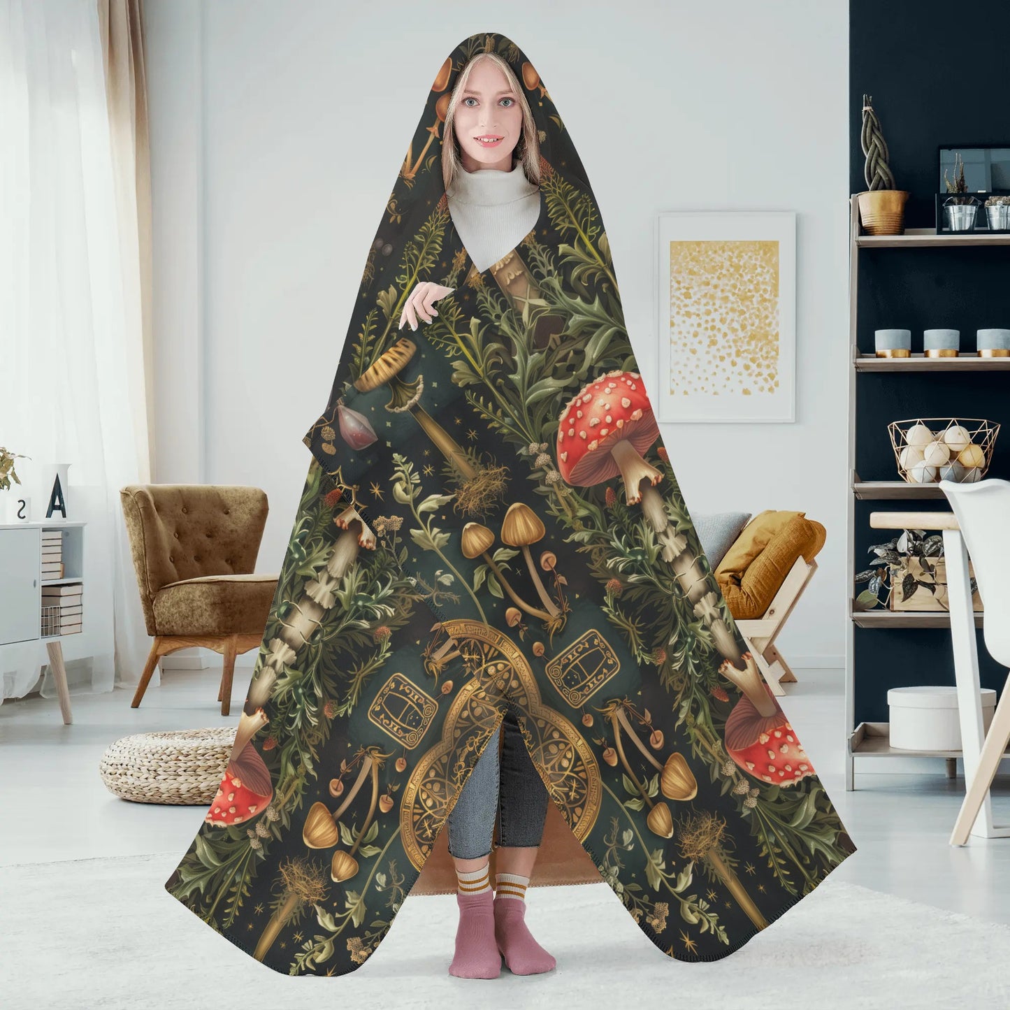 Wild Mushroom Foraging Hooded Blanket - Micro Fleece Lining Cosy Sherpa Blanket