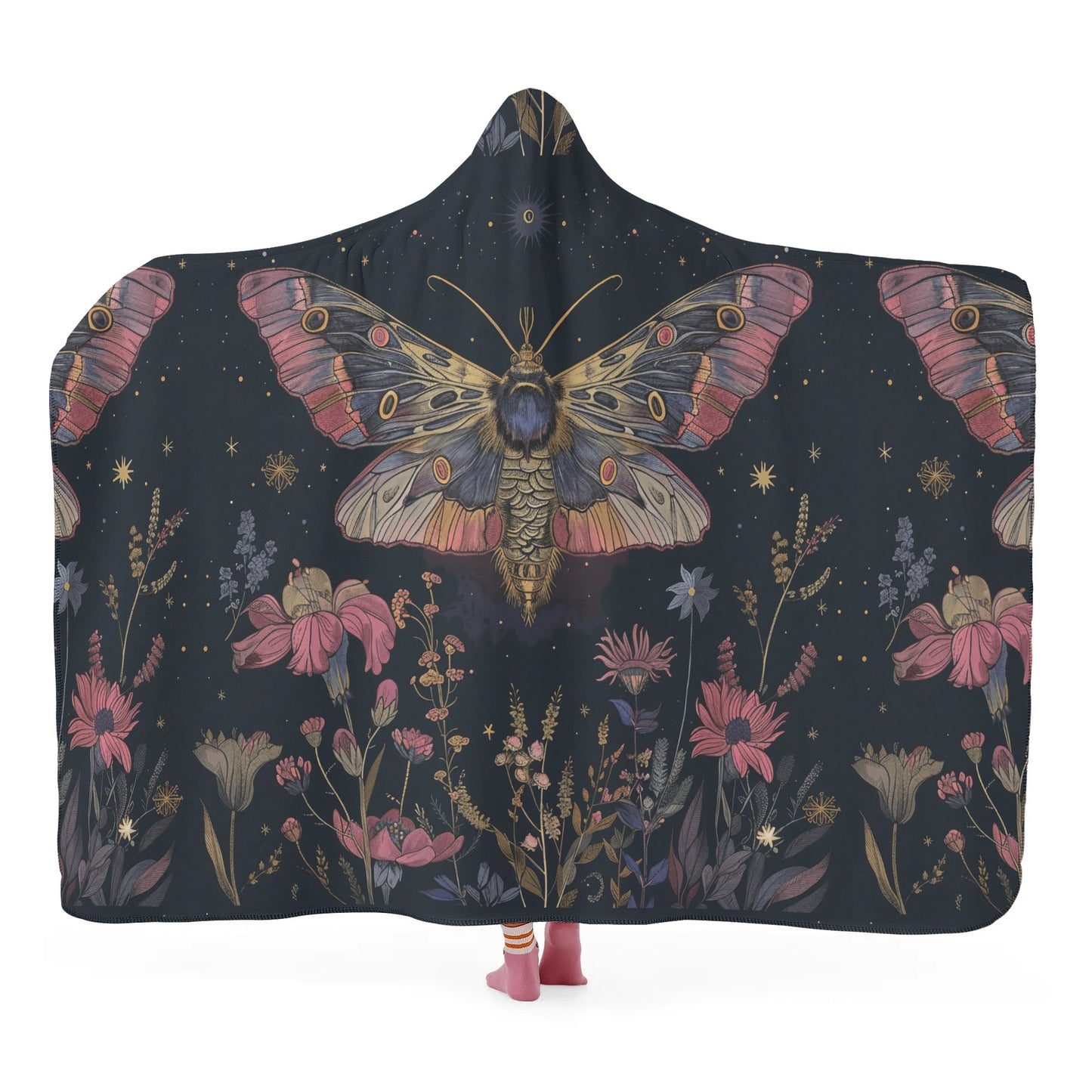 Luna Moth Pink Hooded Blanket - Micro Fleece Lining Cosy Sherpa Blanket