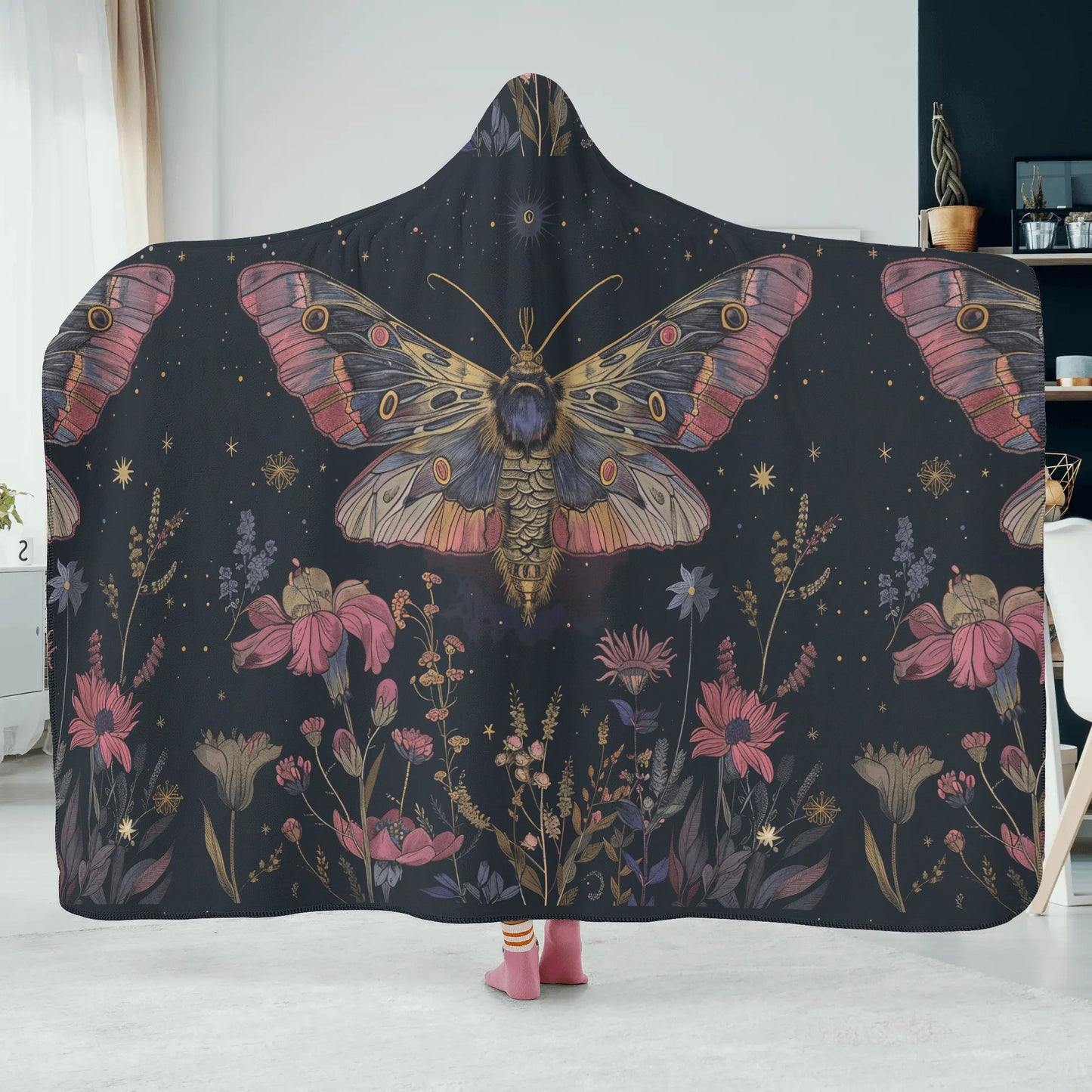Luna Moth Pink Hooded Blanket - Micro Fleece Lining Cosy Sherpa Blanket