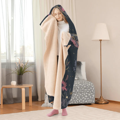 Luna Moth Pink Hooded Blanket - Micro Fleece Lining Cosy Sherpa Blanket