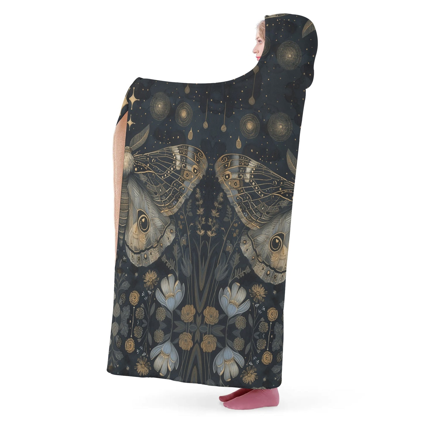 Luna Moth Pastel Hooded Blanket - Micro Fleece Lining Cosy Sherpa Blanket
