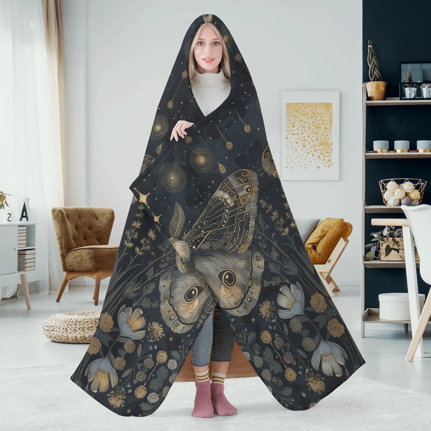 Luna Moth Pastel Hooded Blanket - Micro Fleece Lining Cosy Sherpa Blanket