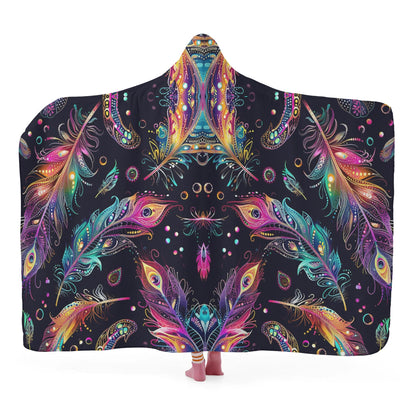 Mystical Bright Feathers Hooded Blanket - Micro Fleece Lining Cosy Sherpa Blanket
