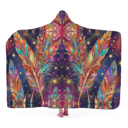 Mystical Vibe Feathers Hooded Blanket - Micro Fleece Lining Cosy Sherpa Blanket