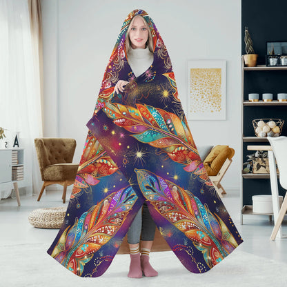 Mystical Vibe Feathers Hooded Blanket - Micro Fleece Lining Cosy Sherpa Blanket