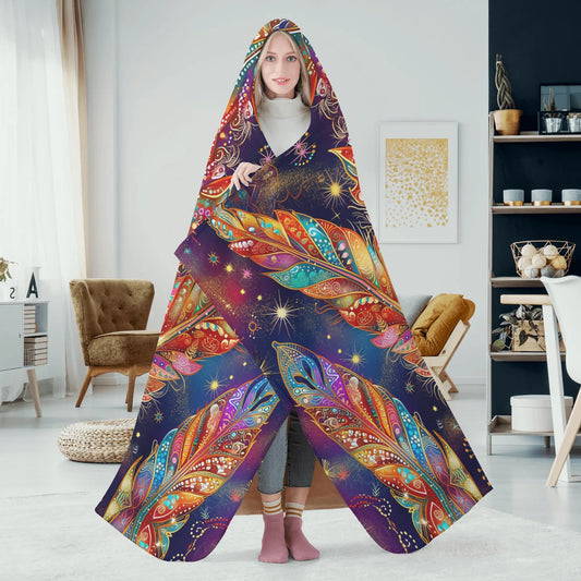 Mystical Vibe Feathers Hooded Blanket - Micro Fleece Lining Cosy Sherpa Blanket