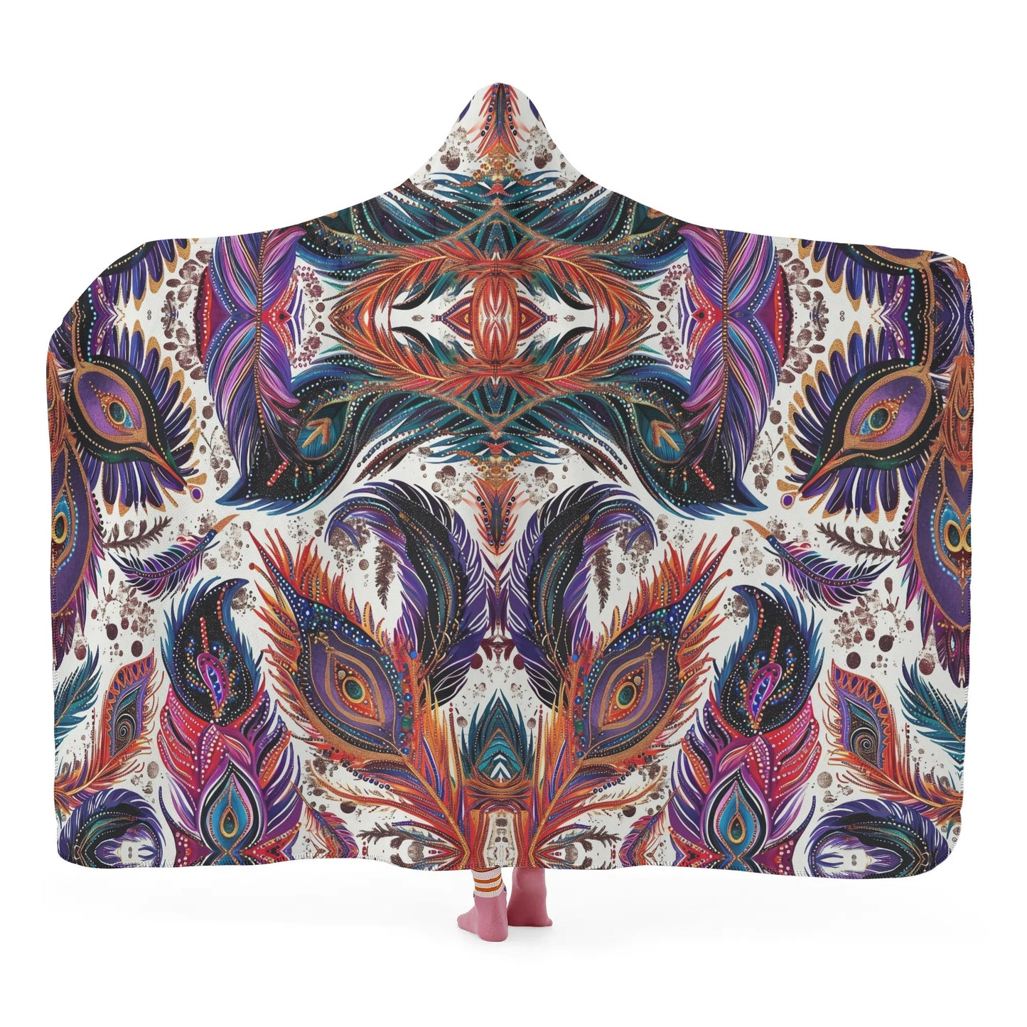 Tribal Feathers Hooded Blanket - Micro Fleece Lining Cosy Sherpa Blanket