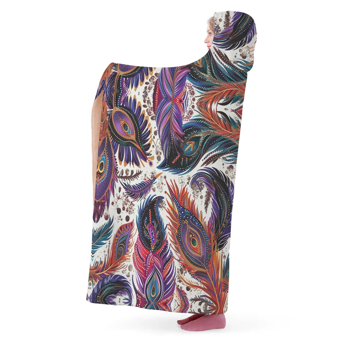 Tribal Feathers Hooded Blanket - Micro Fleece Lining Cosy Sherpa Blanket