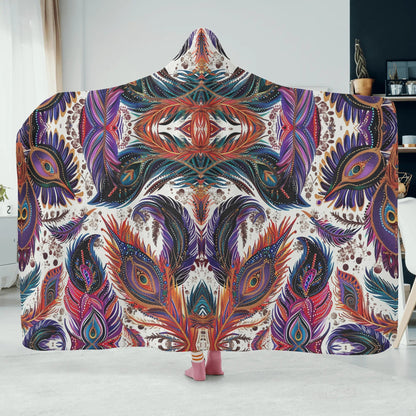 Tribal Feathers Hooded Blanket - Micro Fleece Lining Cosy Sherpa Blanket