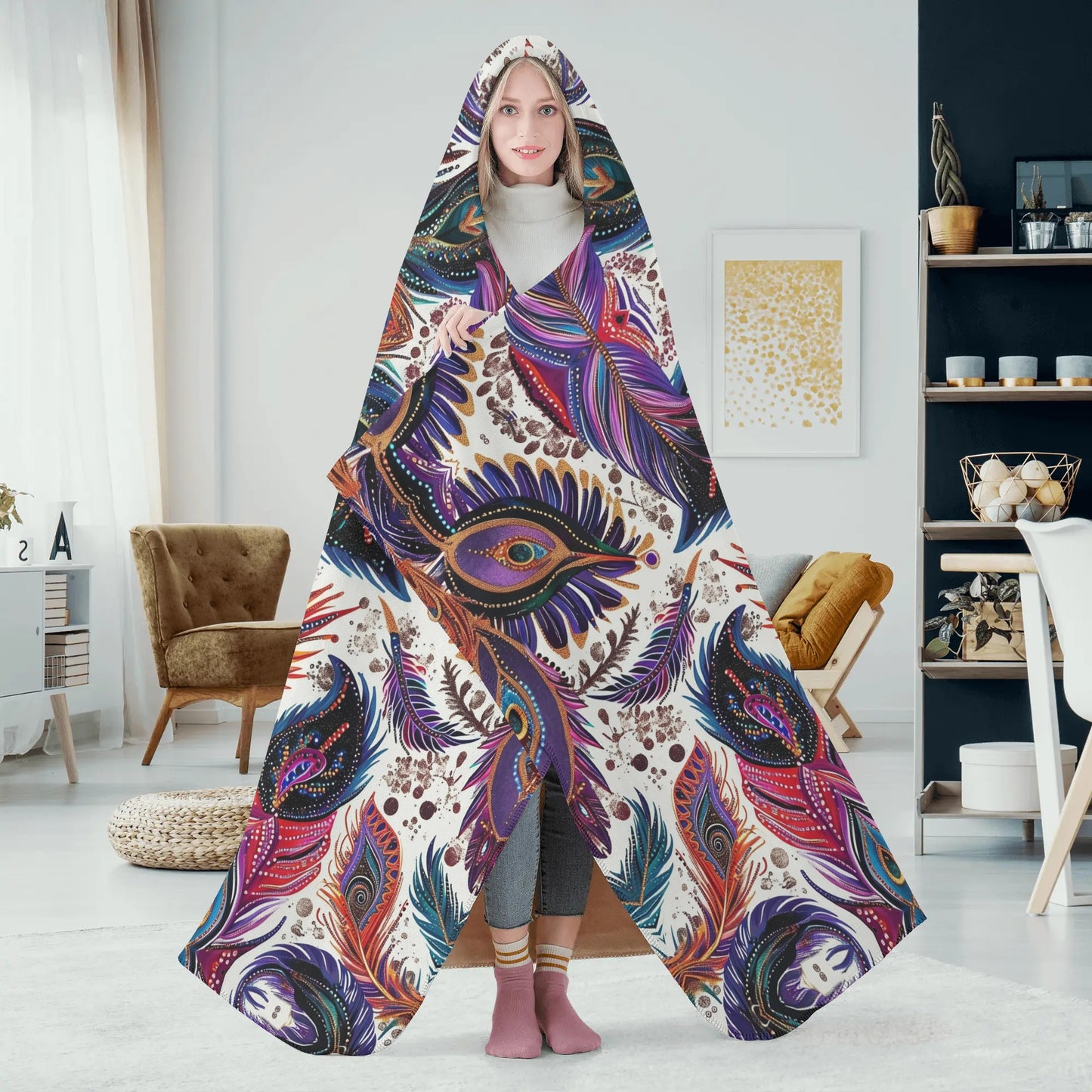 Tribal Feathers Hooded Blanket - Micro Fleece Lining Cosy Sherpa Blanket