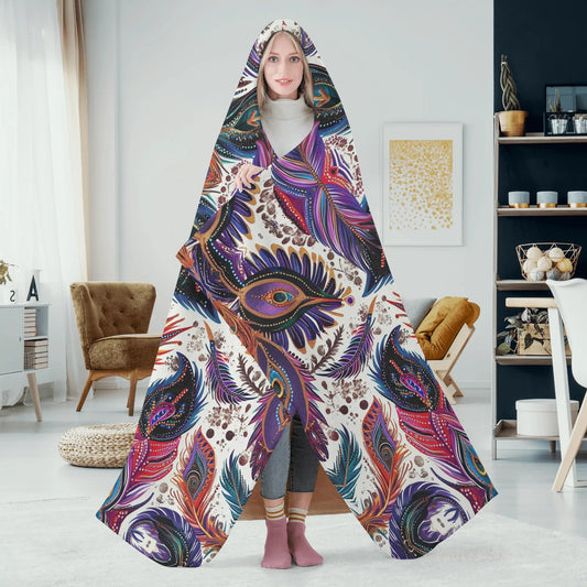 Tribal Feathers Hooded Blanket - Micro Fleece Lining Cosy Sherpa Blanket