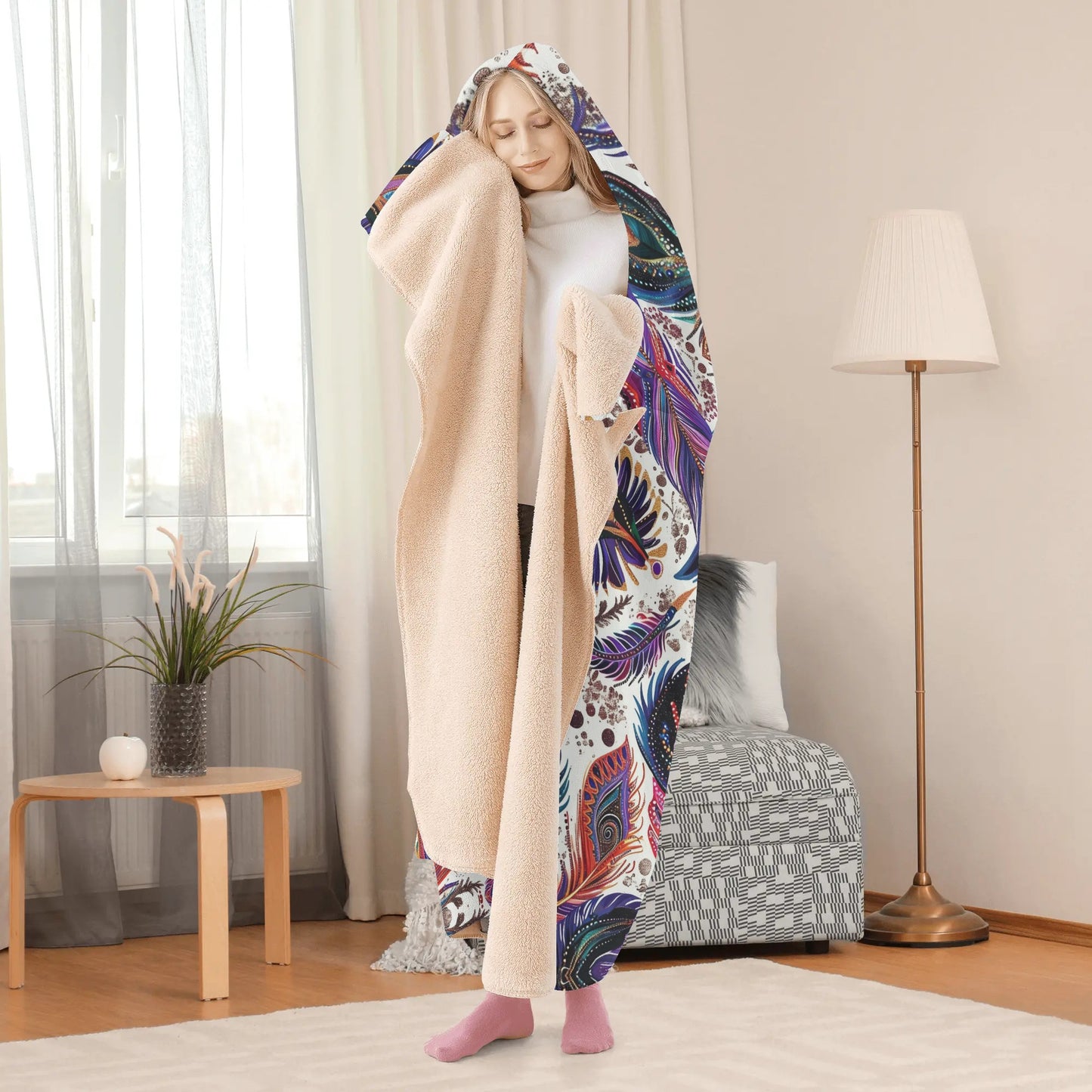 Tribal Feathers Hooded Blanket - Micro Fleece Lining Cosy Sherpa Blanket