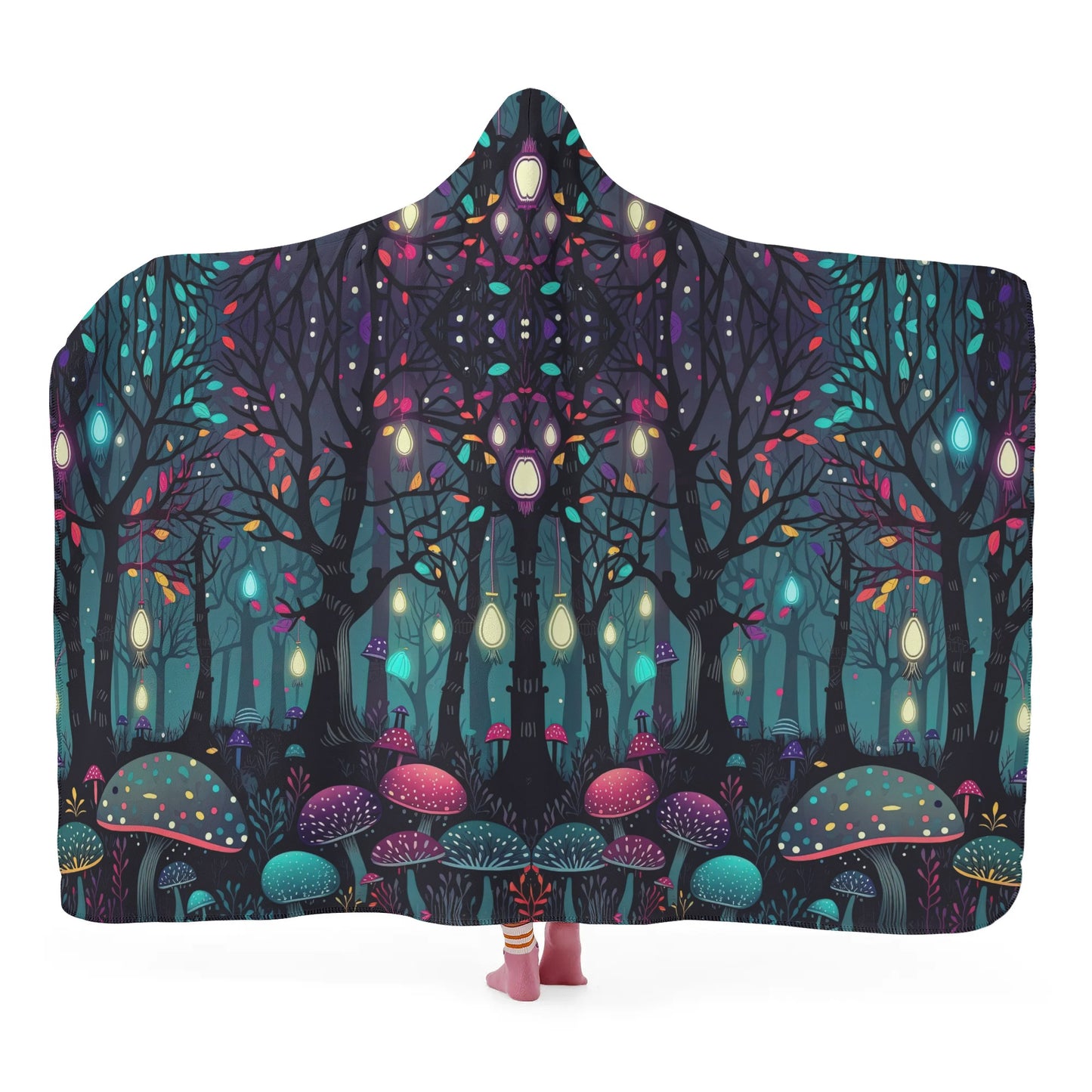 Glowing Mushroom Forest Hooded Blanket - Micro Fleece Lining Cosy Sherpa Blanket