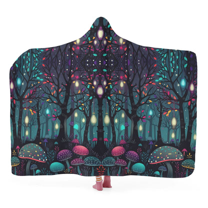 Glowing Mushroom Forest Hooded Blanket - Micro Fleece Lining Cosy Sherpa Blanket