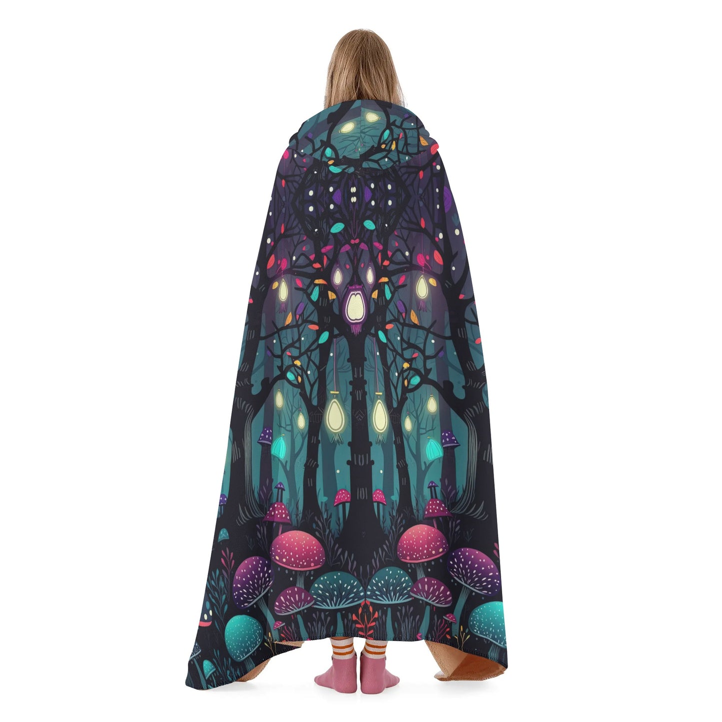 Glowing Mushroom Forest Hooded Blanket - Micro Fleece Lining Cosy Sherpa Blanket