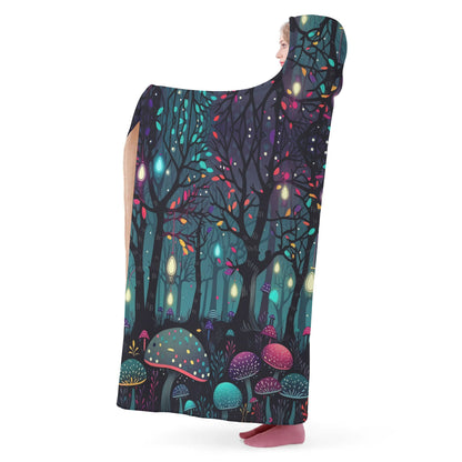 Glowing Mushroom Forest Hooded Blanket - Micro Fleece Lining Cosy Sherpa Blanket