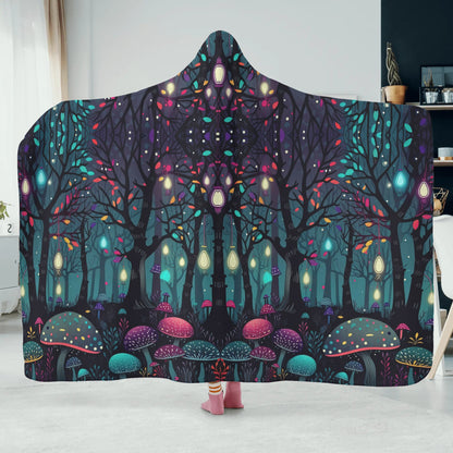 Glowing Mushroom Forest Hooded Blanket - Micro Fleece Lining Cosy Sherpa Blanket