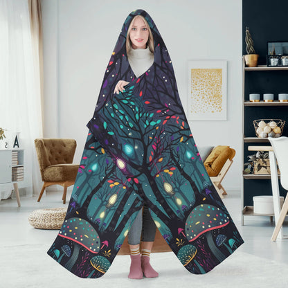 Glowing Mushroom Forest Hooded Blanket - Micro Fleece Lining Cosy Sherpa Blanket