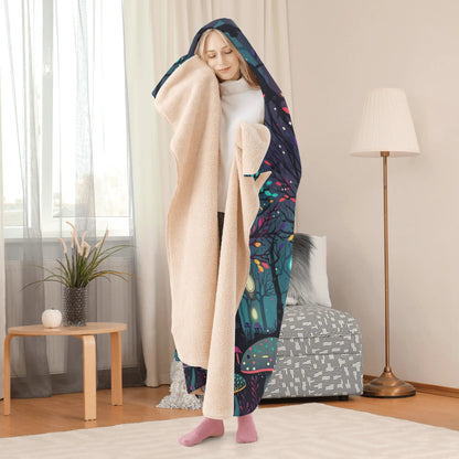 Glowing Mushroom Forest Hooded Blanket - Micro Fleece Lining Cosy Sherpa Blanket
