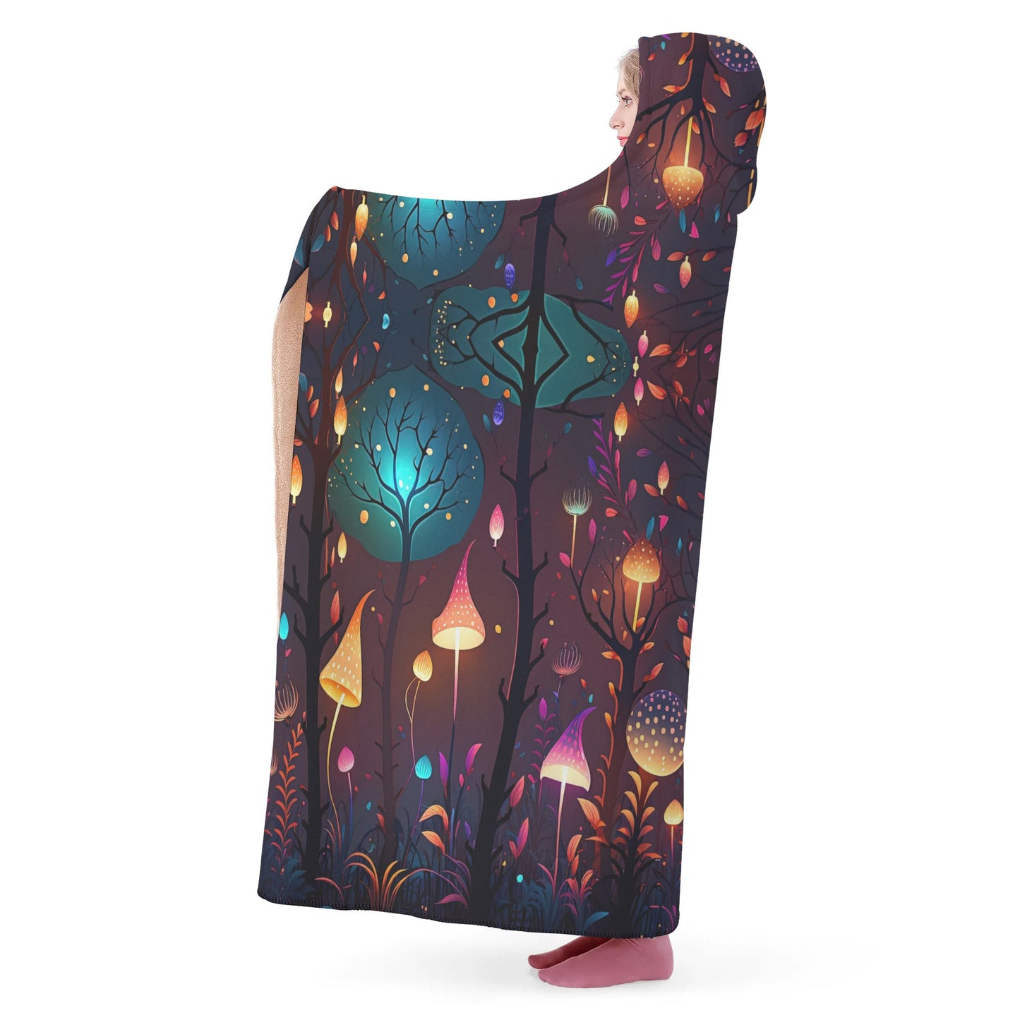 Magical Mushroom Forest Hooded Blanket - Micro Fleece Lining Cosy Sherpa Blanket