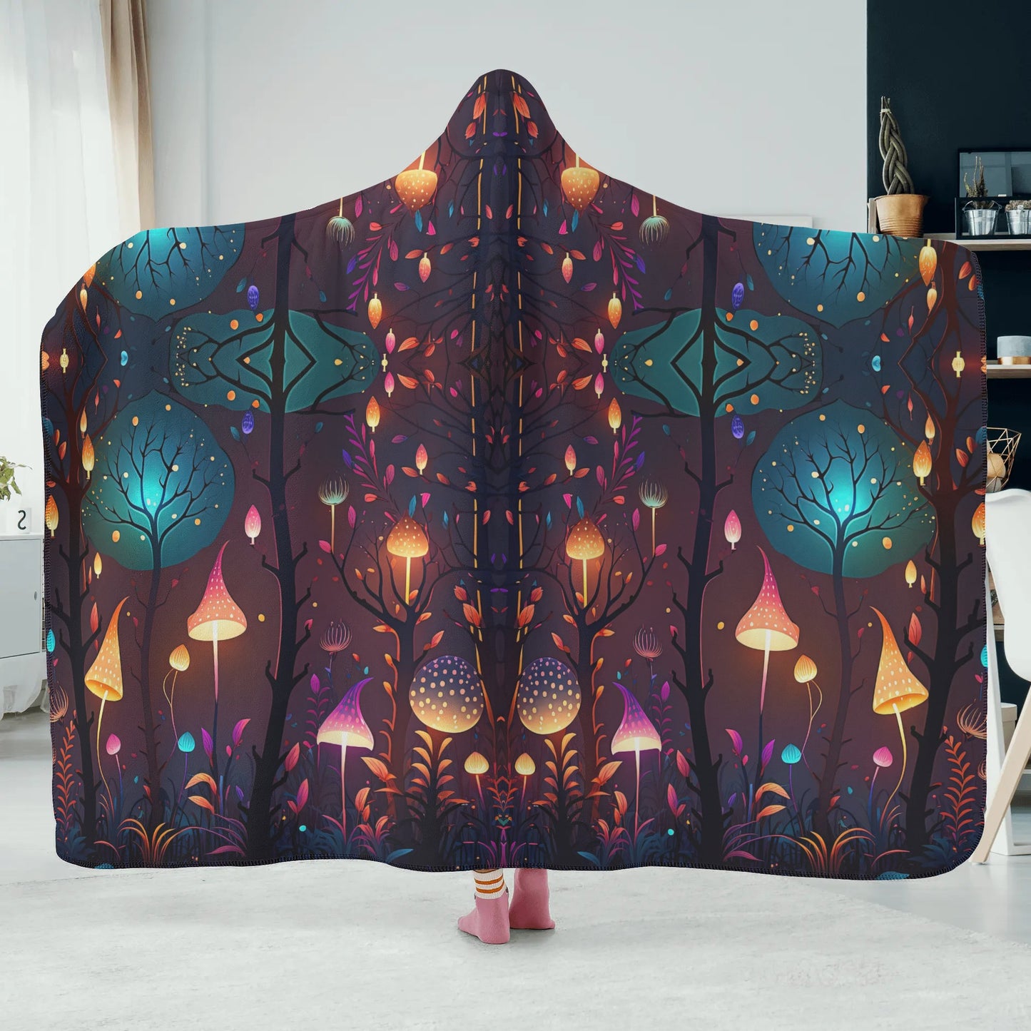 Magical Mushroom Forest Hooded Blanket - Micro Fleece Lining Cosy Sherpa Blanket
