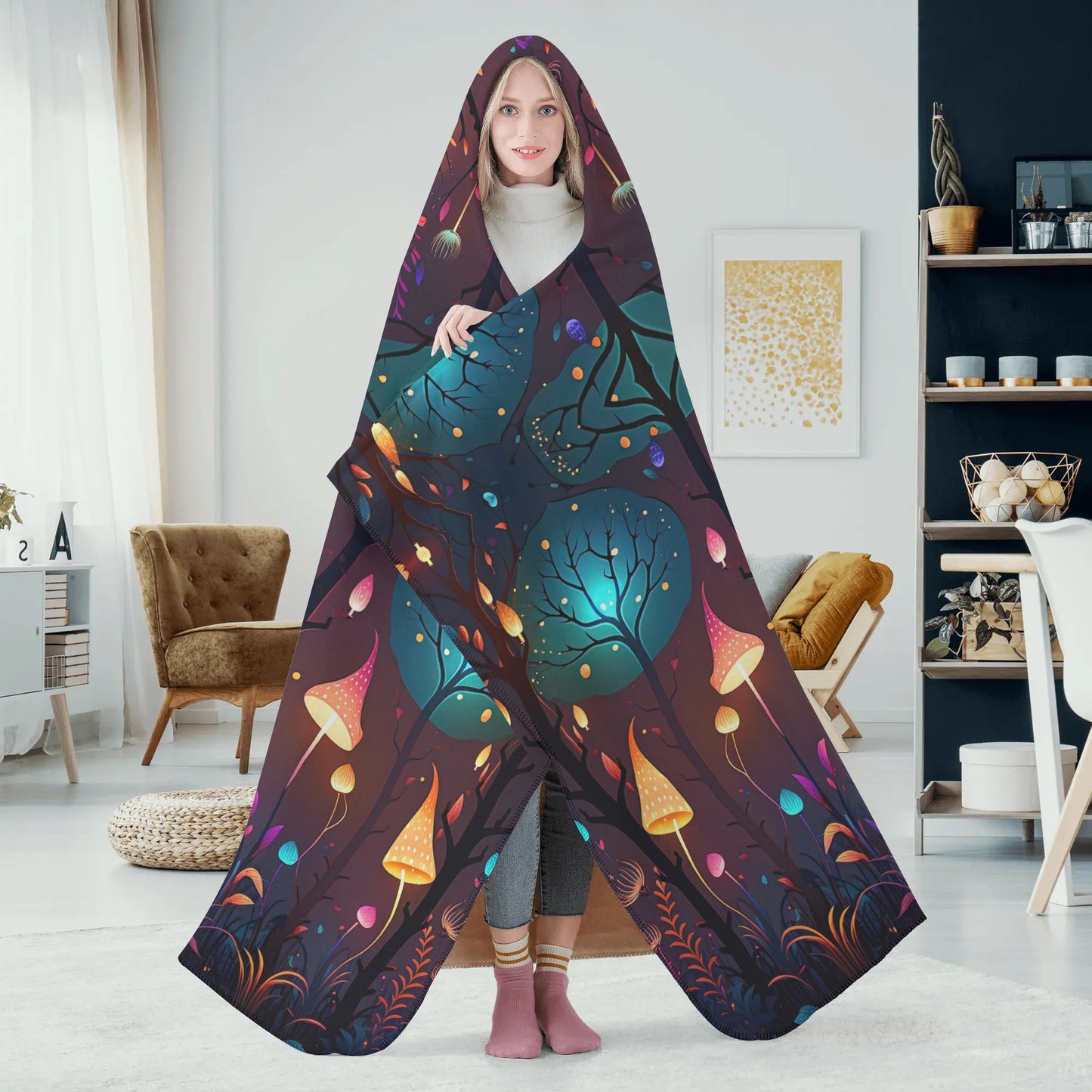 Magical Mushroom Forest Hooded Blanket - Micro Fleece Lining Cosy Sherpa Blanket