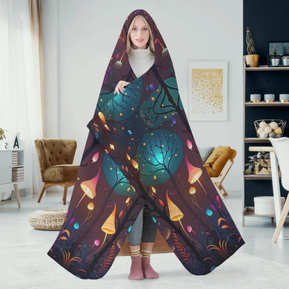 Magical Mushroom Forest Hooded Blanket - Micro Fleece Lining Cosy Sherpa Blanket