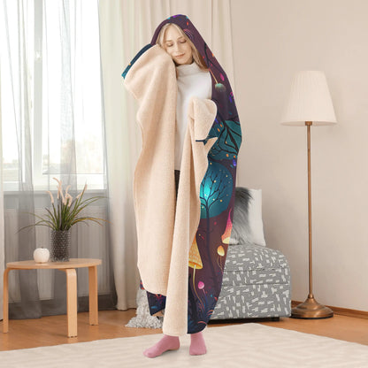 Magical Mushroom Forest Hooded Blanket - Micro Fleece Lining Cosy Sherpa Blanket