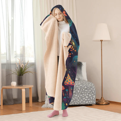 Whimsical Mushroom Forest Hooded Blanket - Micro Fleece Lining Cosy Sherpa Blanket