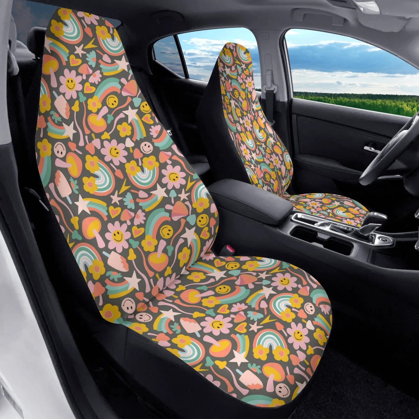 Groovy Flowers Car Seat Cover - Front Seat Cover or Full Set Front and Back Seat Cover Front Universal Fit
