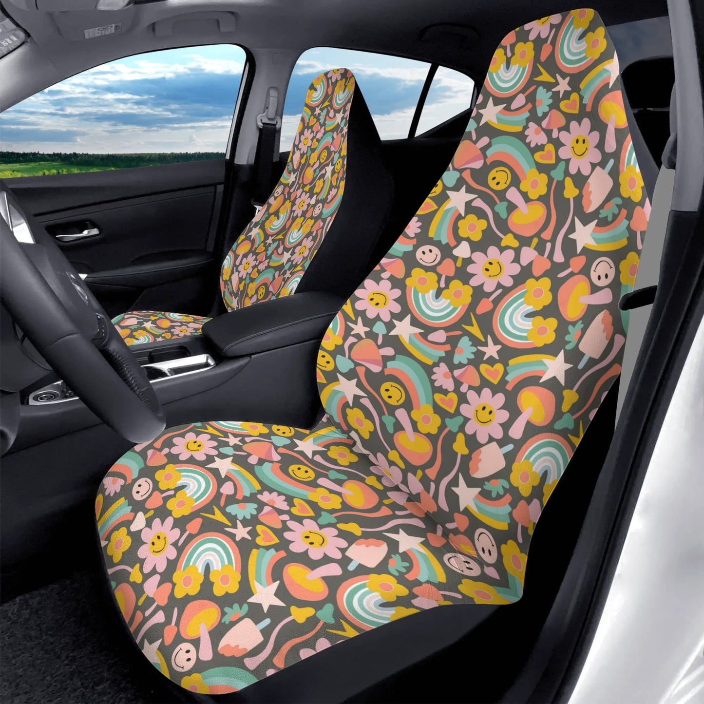 Groovy Flowers Car Seat Cover - Front Seat Cover or Full Set Front and Back Seat Cover Front Universal Fit