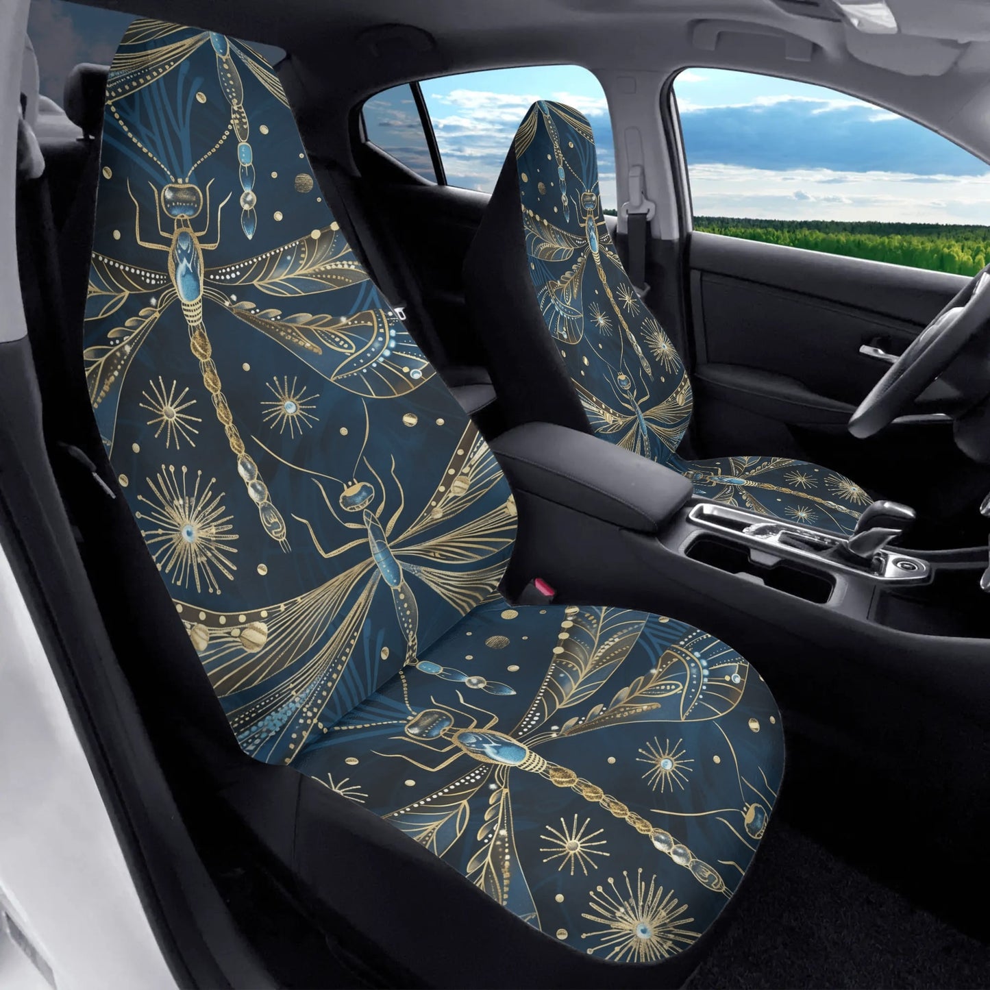 Blue Gold Dragonfly Car Seat Cover - Front Seat Cover or Full Set Front and Back Seat Cover Universal Fit