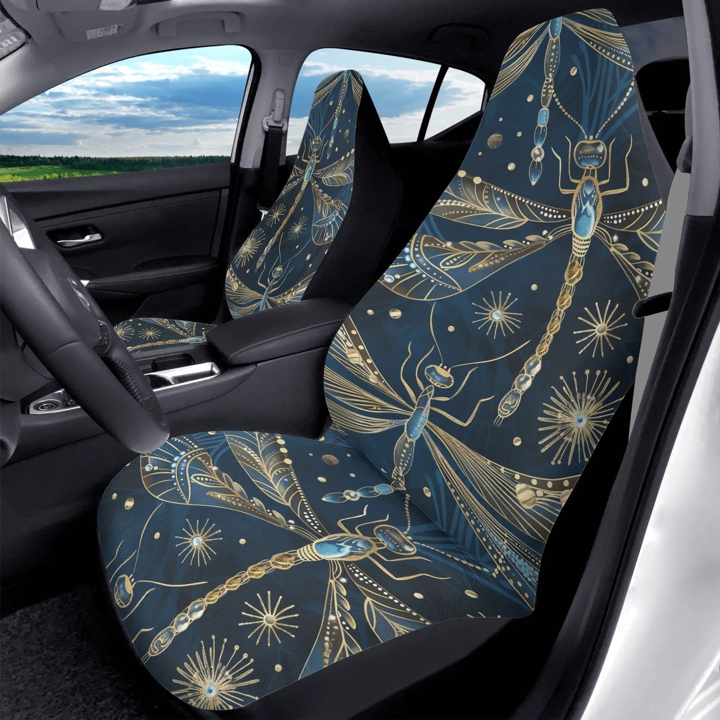 Blue Gold Dragonfly Car Seat Cover - Front Seat Cover or Full Set Front and Back Seat Cover Universal Fit